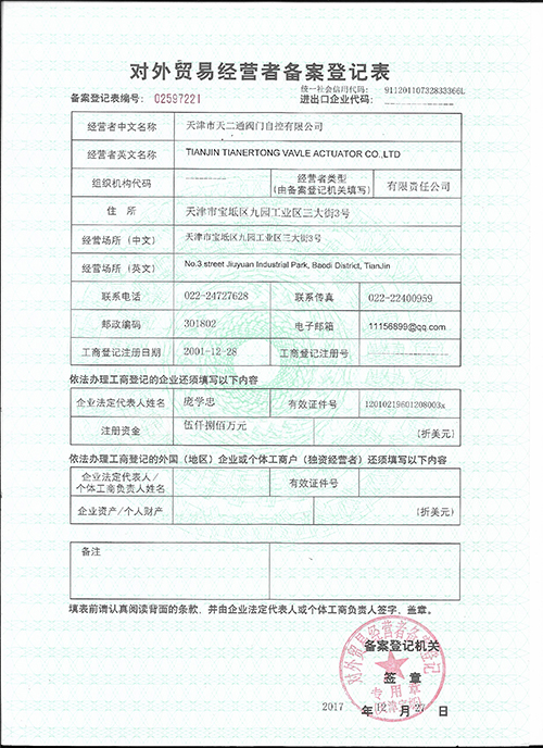Registration certificate for foreign trade operators
